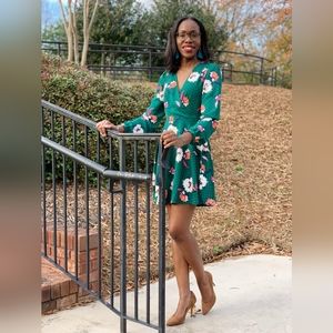 EXPRESS Long Sleeve Surplice Fit & Flare Dress